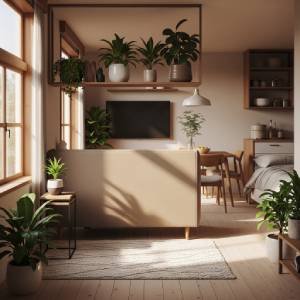A stylish studio apartment where a high-backed sofa subtly divides the living and dining areas, creating distinct zones in a bright and airy space.