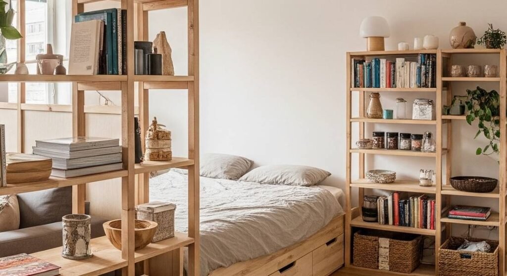A bright and functional studio apartment featuring a tall, open wooden shelving unit used as a semi-permanent room divider, providing both storage and a subtle separation between living and sleeping areas, with natural light flowing throughout the space.