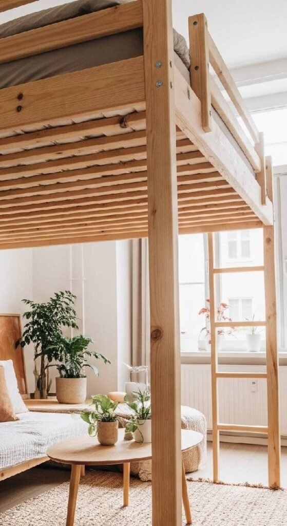A bright and airy studio apartment featuring a wooden loft bed with ample headroom, creating a clearly defined sleeping area above a cozy living space, maximizing vertical space in a stylish and functional design with indoor plants.