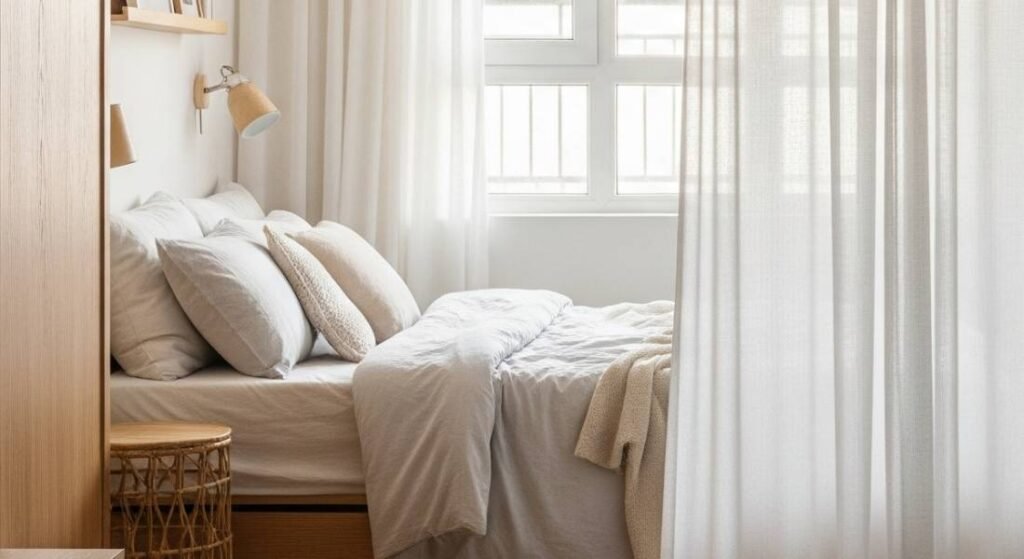 A bright and airy studio apartment featuring sheer white floor-to-ceiling curtains elegantly dividing the sleeping area, allowing soft light to filter through and creating a sense of privacy and flow.