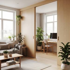 A flexible studio apartment design with light wood sliding panels partially open, dividing a living room area from a home office, showcasing adaptability in a well-lit space with indoor plants.