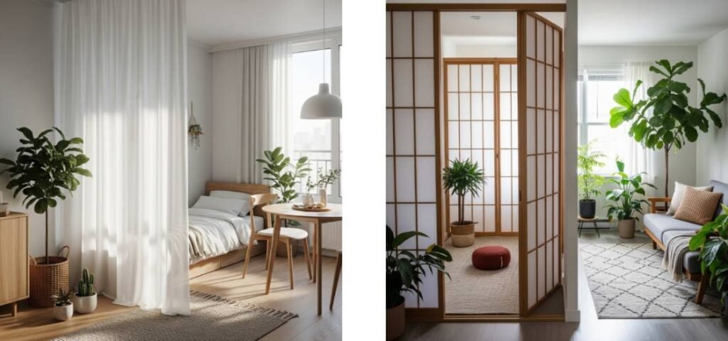 A collage showcasing two stylish studio apartment dividers: a sheer curtain gracefully separating a bedroom, and a Japanese Shoji screen providing diffused light and privacy.
