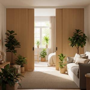 A bright and airy studio apartment featuring minimalist light wood movable panels subtly dividing the space. The decor includes natural light, indoor plants, and cozy textiles, reflecting Emma's serene and organized style.
