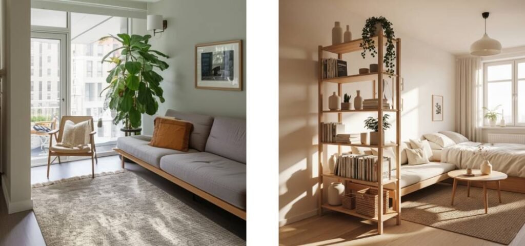 A collage featuring two smart studio dividers: a modern area rug defining a living zone, and a narrow open shelving unit providing both storage and a light visual break.