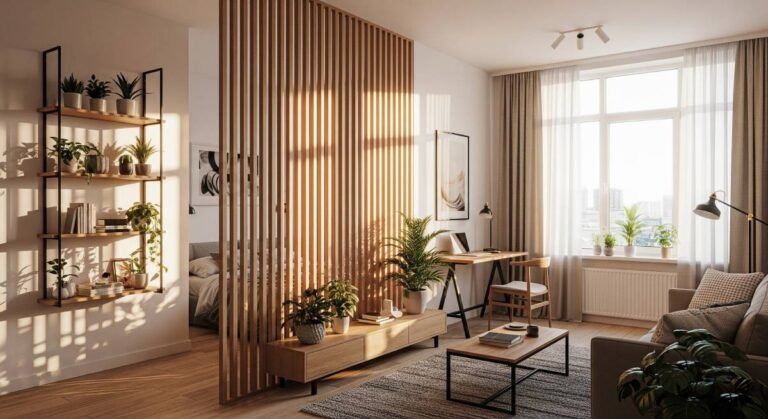 Room Dividers for Studio Apartments. Bright studio apartment with a modern wooden slat room divider separating the living space, allowing light flow and creating distinct zones.