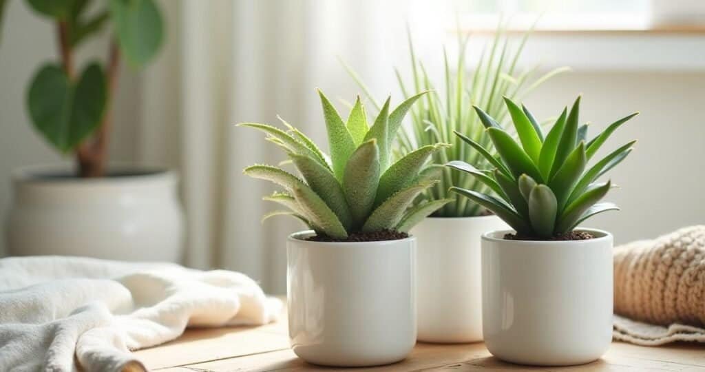 Clear photo of low-light plants in simple, elegant white IKEA planters, showing how a change in pot can transform a space.