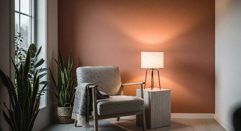 A corner of a room with one wall painted in a warm terracotta color, contrasting with a neutral wall and adding a bold and affordable statement.