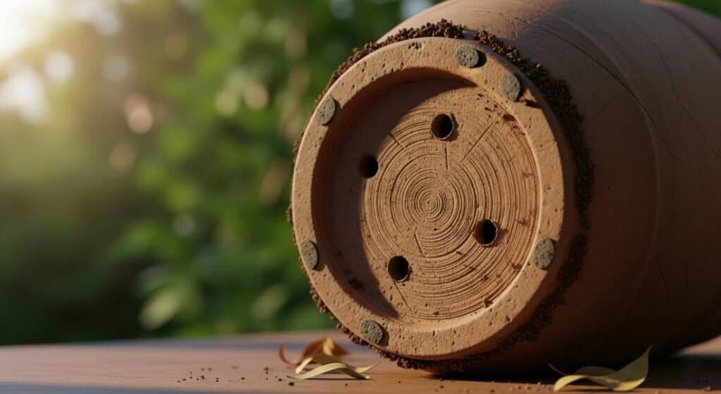 A cinematic, close-up shot of the bottom of a rustic terracotta plant pot with visible drainage holes. The image highlights the importance of proper drainage for plant health with soft, natural lighting and a peaceful bokeh background.