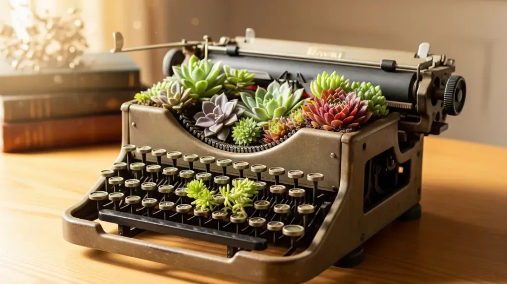 Vintage typewriter from the 1940s repurposed as a home decor item with lush succulents, sitting on a wooden desk.