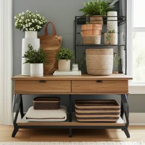 A simply styled entryway table with a textured basket and a small plant, showcasing affordable and versatile decor options available at Walmart.
