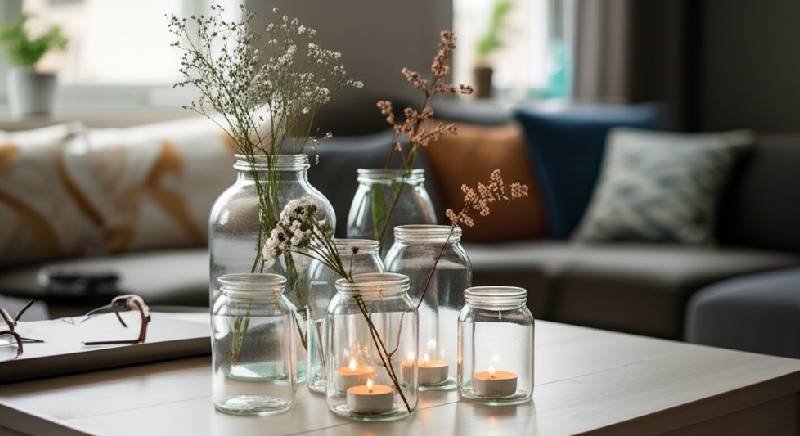 Recycled glass jars used as vases for flowers and candle holders, creating a warm and natural decorative touch in a Montreal apartment setting.
