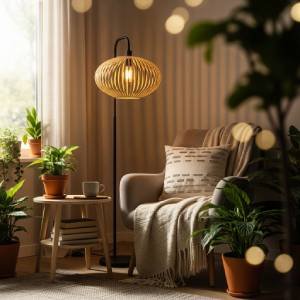 A warm and inviting reading nook with a modern floor lamp and textured throw pillow, highlighting a stylish and budget-friendly find from Wayfair.
