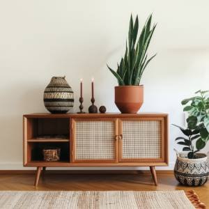 A stylish sideboard decorated with globally inspired pieces from World Market, including a patterned vase and a terracotta planter with a snake plant.