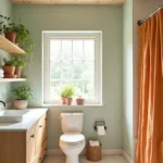 Bathroom remodel with rust orange shower curtain. Features DIY ideas, plants, and a light wood vanity for a cheap bathroom makeover.