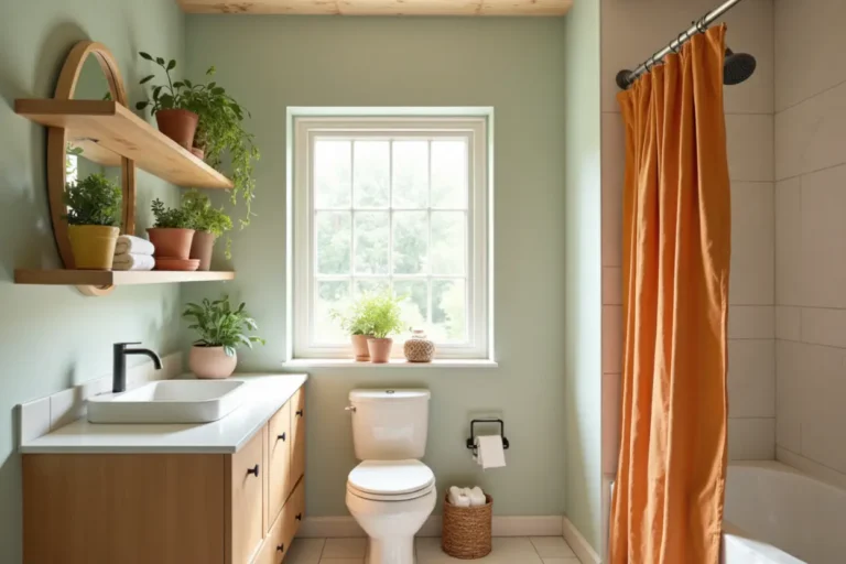 Bathroom remodel with rust orange shower curtain. Features DIY ideas, plants, and a light wood vanity for a cheap bathroom makeover.