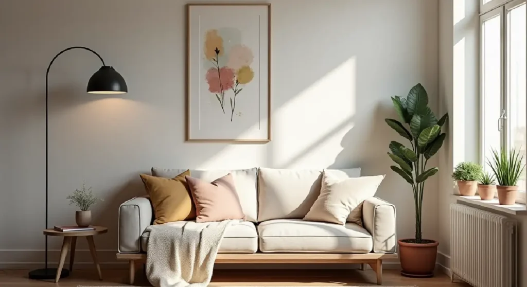 Cozy living room with low-cost decor: indoor plant, soft blanket, DIY art, warm light. Inspires budget-friendly home design for an authentic, comfortable sanctuary.