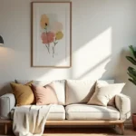 Cozy living room with low-cost decor: indoor plant, soft blanket, DIY art, warm light. Inspires budget-friendly home design for an authentic, comfortable sanctuary.