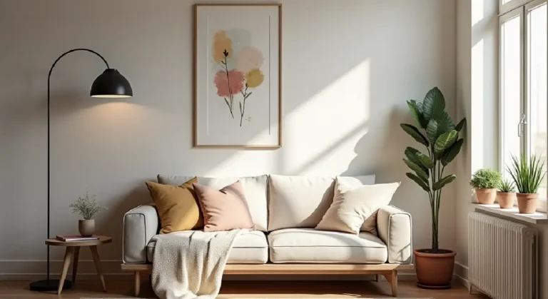 Cozy living room with low-cost decor: indoor plant, soft blanket, DIY art, warm light. Inspires budget-friendly home design for an authentic, comfortable sanctuary.