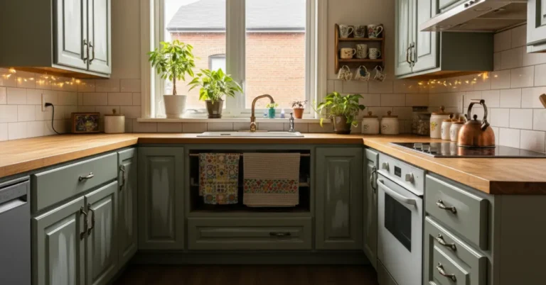 A charming, cozy space after an affordable Kitchen Remodel on a Budget, featuring sage green DIY painted cabinets, warm wooden countertops, and personal decorative touches.
