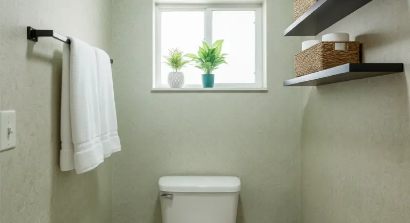 Small bathroom corner transformed with stylish floating shelves, decorative baskets, and organized towels. Highlights smart, budget-friendly storage solutions.