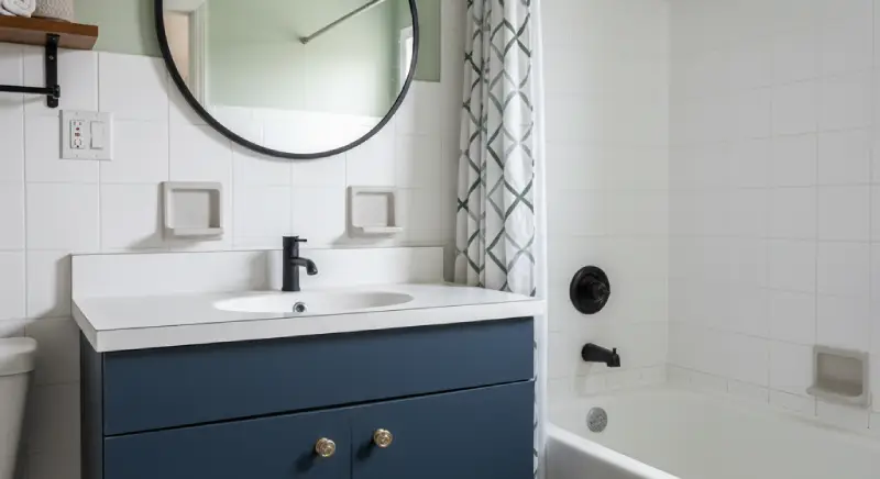 Modern bathroom after a budget makeover, featuring freshly painted tiles and walls, new dark vanity, round mirror, and updated fixtures. Shows big impact from paint.