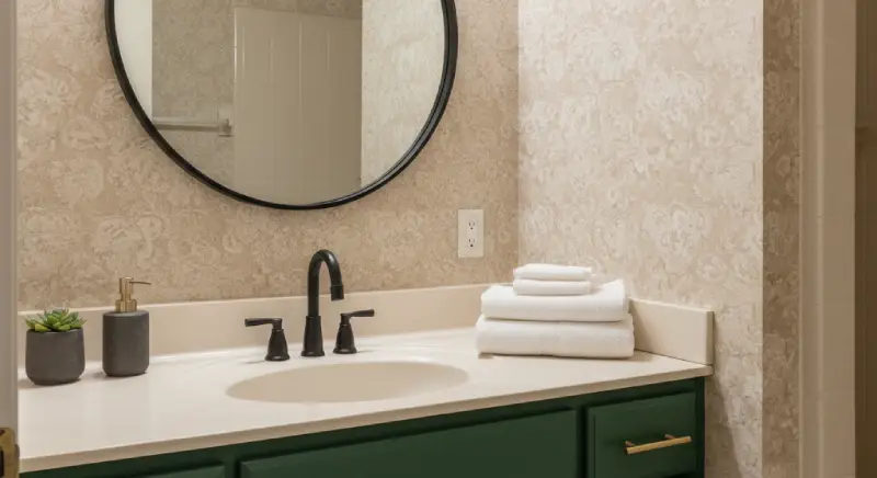Bathroom vanity after restoration, featuring a chic green painted cabinet, modern gold hardware, and a round mirror. Shows high-end look on a budget.
