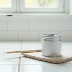 Close-up shot of bathroom floor tiles painted with an all-in-one paint kit, showing a clear before-and-after contrast and a DIY paint can in the foreground.