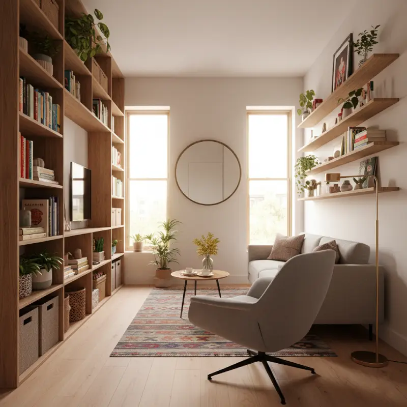 An effective apartment living room layout maximizing vertical space with floor-to-ceiling shelves, floating elements, and a swivel chair, creating a light and airy feel in a small living area.