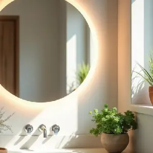 A backlit LED mirror casting a warm glow on a textured wall in a bright, modern bathroom, showcasing a luxurious and easy DIY upgrade.