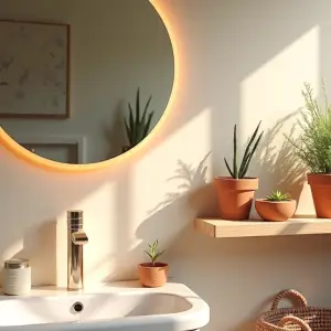 Close-up shot of a bathroom sink area with a round, backlit mirror and several plants on a floating shelf, showcasing a cozy and modern ambient LED lighting upgrade.