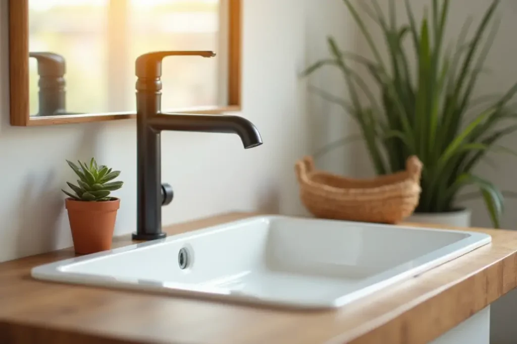 A close-up of a modern faucet, sink, and plant, showing how small design details can make a low-budget bathroom look high-end.