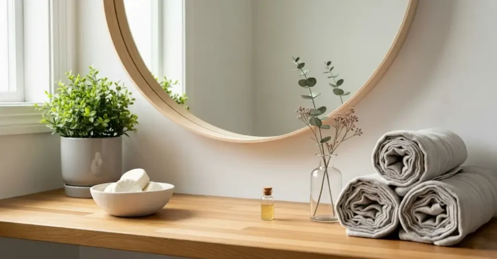 A modern and cozy bathroom corner featuring a circular wooden-framed mirror, an indoor plant, and a handcrafted ceramic bowl, representing ideas for a low-budget and easy DIY bathroom makeover.