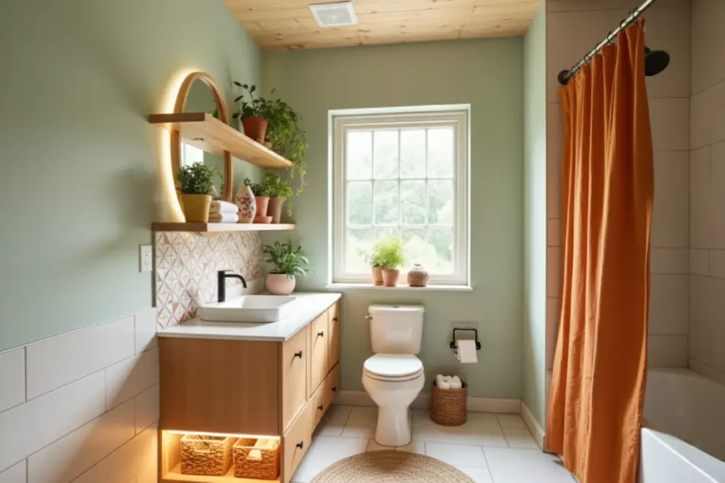 A renovated bathroom with a fresh coat of green paint, a new faucet, and decorative plants. This image shows the final result of an easy and affordable DIY remodel.