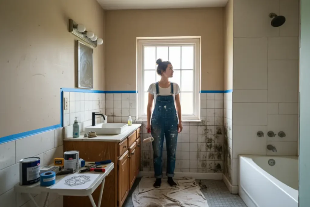 An old and outdated bathroom before a remodel. Features a standard vanity, a silver faucet, and white walls, showing the starting point for a DIY project.
