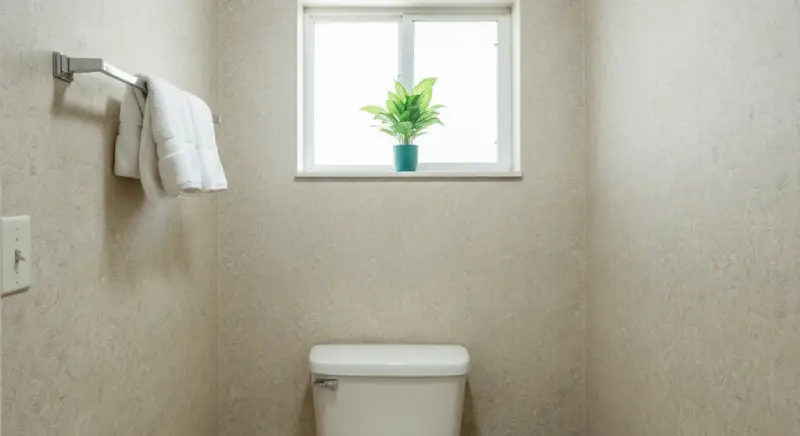 Small bathroom corner with plain wallpaper, basic toilet, and minimal storage. Shows a 'before' space ripe for smart organization solutions.