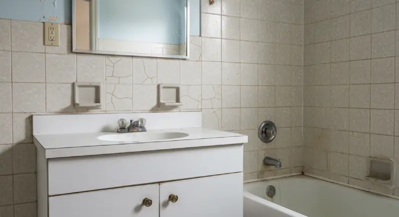 Old bathroom with outdated tiles and worn paint. Shows a typical 'before' state needing a budget remodel and refresh.