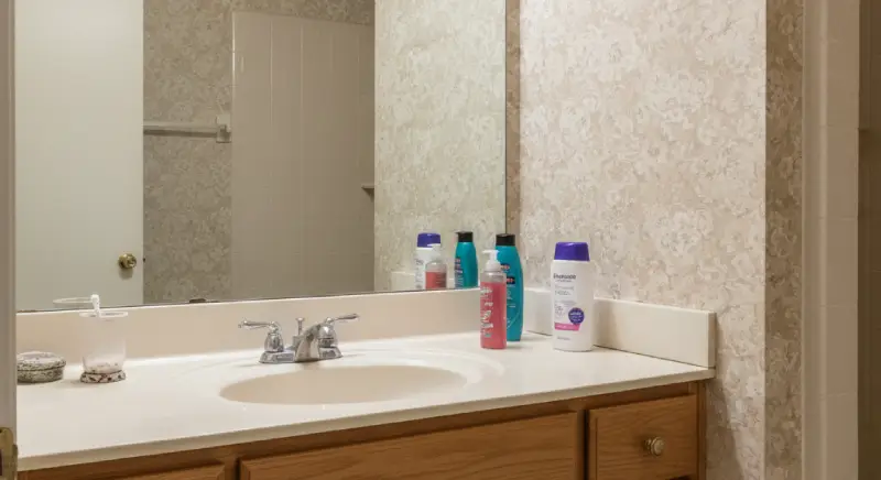 Outdated bathroom vanity with plain wood finish and old brass hardware. Represents a typical 'before' state for a budget furniture restoration.