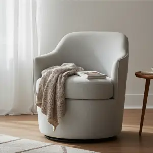 Compact swivel chair, offering flexible seating for reading or conversation in small living room layouts without sacrificing space.