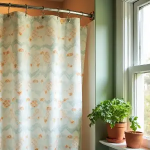 A stylish, modern-patterned shower curtain on a curved shower rod, showing how a simple upgrade can make a shower feel more spacious and luxurious.