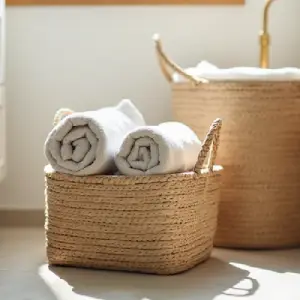 A close-up of a decorative woven basket on a bathroom floor, showing how stylish storage can add both function and visual appeal to a space.