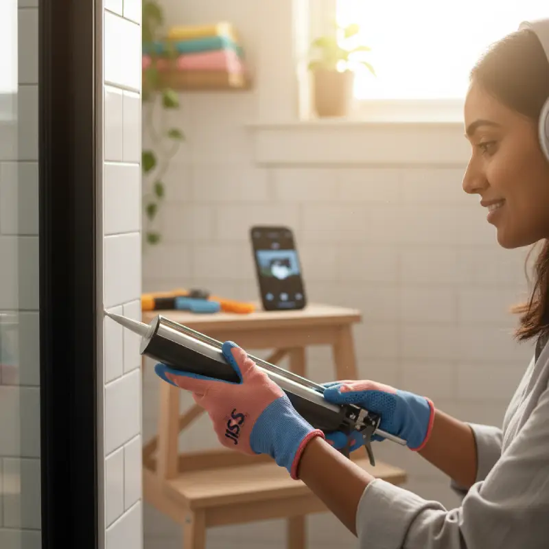 Person happily caulking in a modern bathroom, wearing JIS gloves and listening to music. Highlights stress-free, joyful DIY bathroom remodel on a budget.