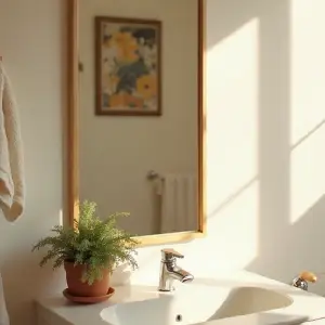 A stylish bathroom mirror with a natural wood frame, highlighting how an inexpensive upgrade can amplify light and add a DIY touch to the space.