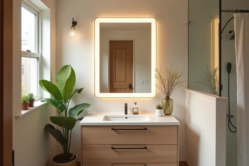 The final result of a successful DIY bathroom remodel, showcasing painted tiles, a stylish shower curtain, a new faucet, and warm lighting, celebrating a job well done.