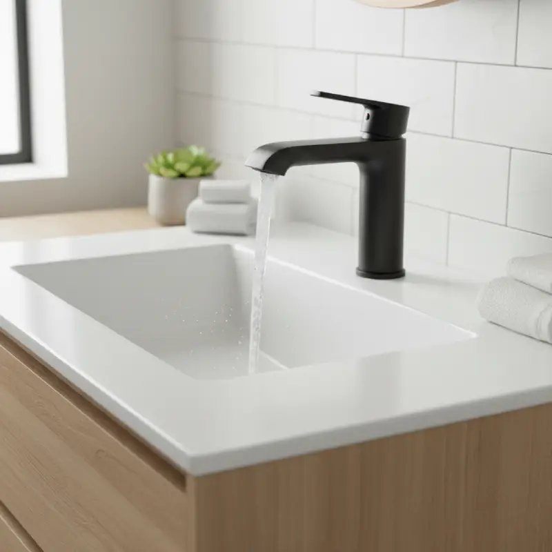 Close-up of a modern matte black faucet over a clean white sink in a renovated bathroom. Showcases high-impact, affordable fixture upgrades on a budget.