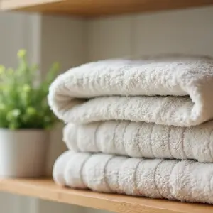 A neat stack of fluffy, pure white towels on a wooden shelf, highlighting the luxurious texture and calming feel they add to a bathroom.