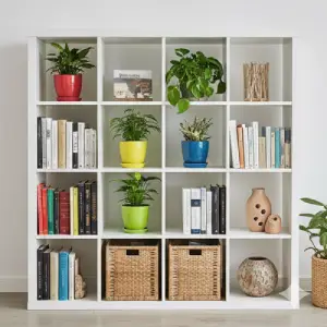 Versatile IKEA KALLAX open shelving unit, used for dividing spaces, organizing, and adding functional storage to small living rooms.