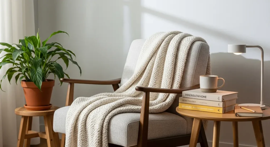 A warm and inviting reading corner featuring a modern armchair and a soft blanket. The space has a minimalist style with a plant, a stack of books, and a designer lamp, creating a serene and bright atmosphere.