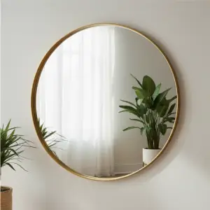 Large round mirror with a thin frame, strategically placed to reflect light and visually double the space in small apartment living rooms.