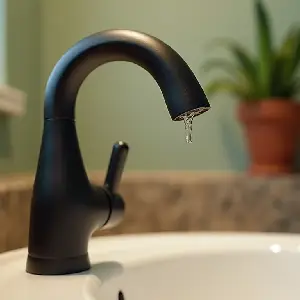 Close-up of a new, sleek, matte black faucet installed in a bathroom sink, highlighting a quick and visible DIY upgrade that elevates the entire space.