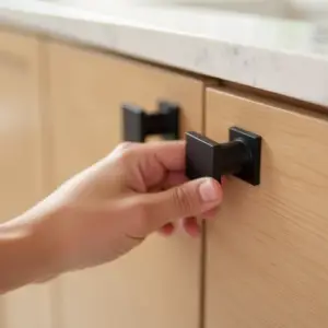 Close-up of a modern, geometric-shaped cabinet pull with a sleek black finish, showing how new hardware can update a cabinet's look.